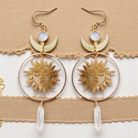 🆕️Celestial Sun Moon Quartz Crystal Dangle Earrings Boho Chic Trendy Jewelry - Picture 5 of 10